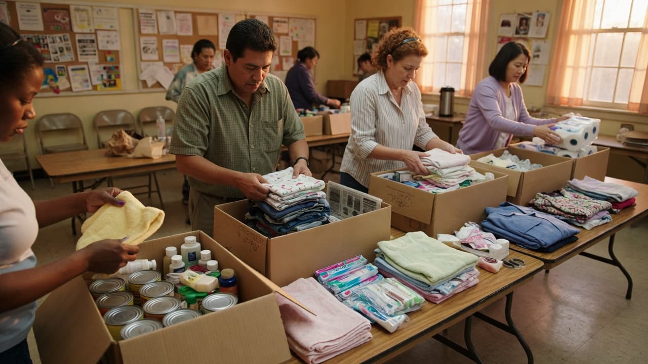 People packing household supplies together in a community room
